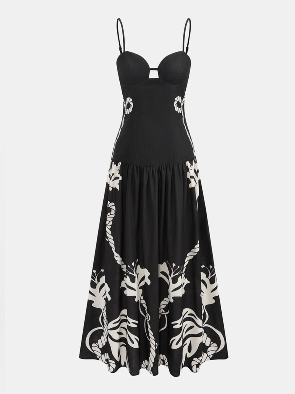 Commense Black Maxi Dress with White Floral Print and Spaghetti Straps